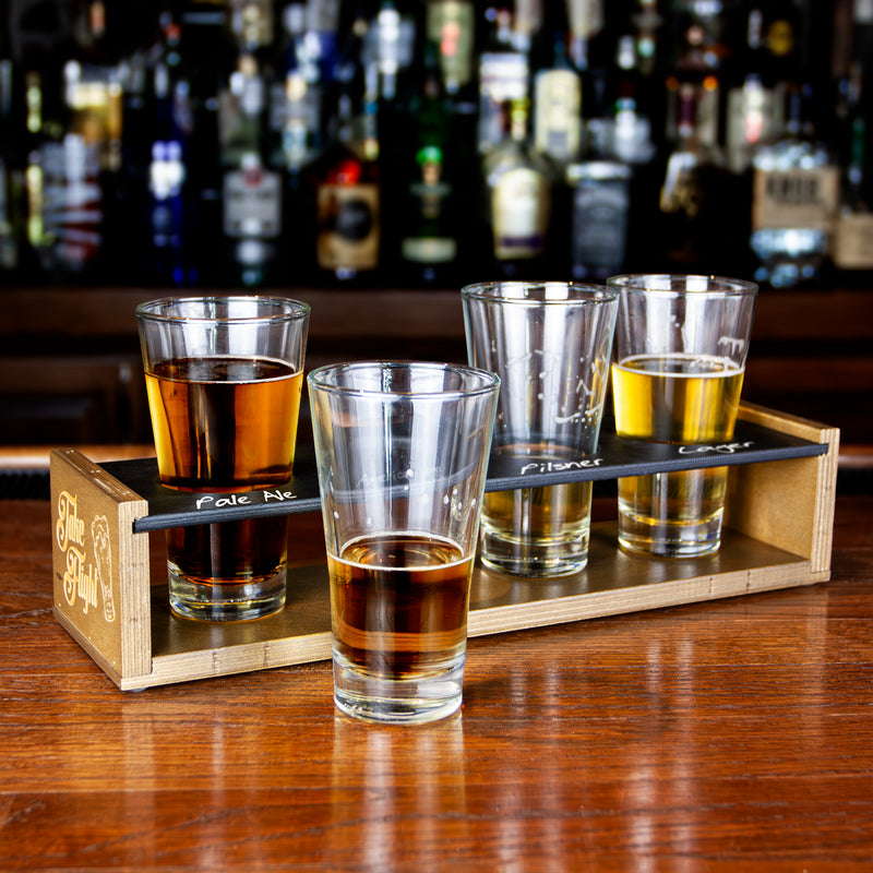 Beer Flight Tray With Chalkboard Top - Walnut Stain - 4 Glasses
